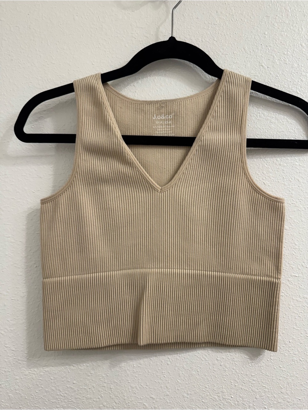 Ribbed V-Neck Crop Tank in Beige